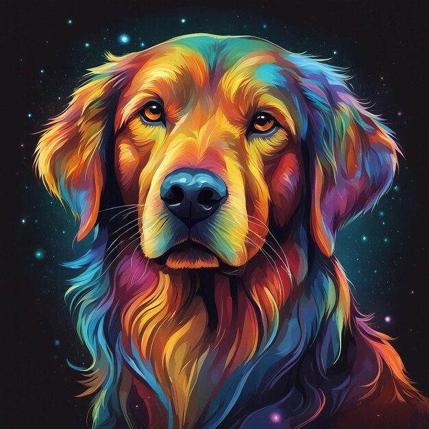 Perro juguetón rodeado de estrellas de colores Un retrato caprichoso de mascota con un fondo vibrante