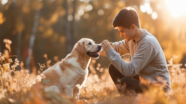 perro juguetón y su dueño en la naturaleza pragma al aire libre