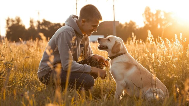 perro juguetón y su dueño en la naturaleza pragma al aire libre