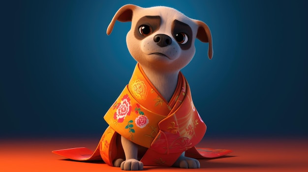 Un perro en un kimono con un fondo rojo y una pancarta roja con las palabras 'kung fu dog' en él.