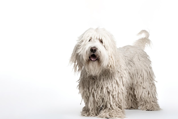 Perro Komondor sobre fondo blanco Copia espacio IA generativa