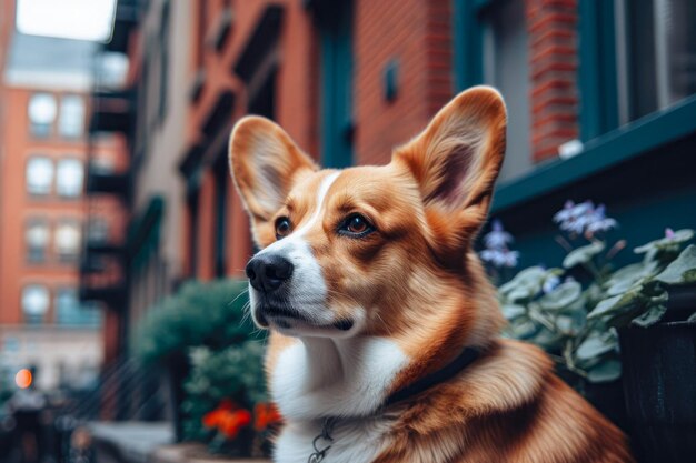 Perro Korgie en la ciudad concepto de medicina veterinaria manejador de perros perro caminando IA generativa