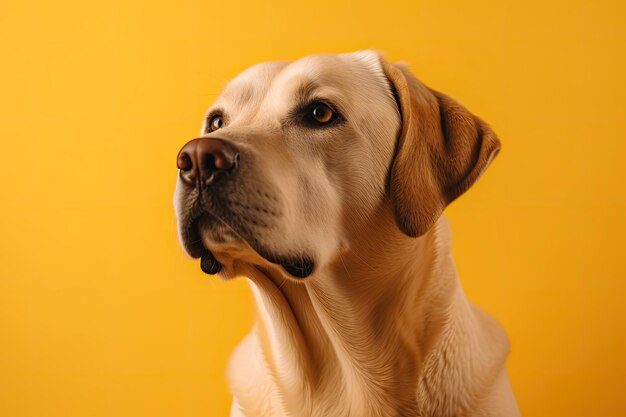 Un perro de laboratorio amarillo se sienta frente a un fondo amarillo.