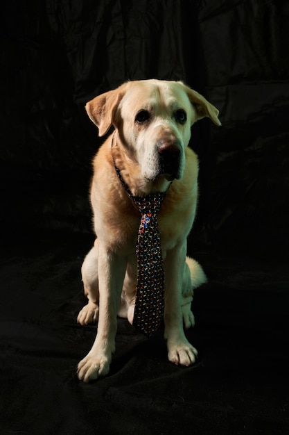 Perro labrador con corbata aislado sobre fondo negro