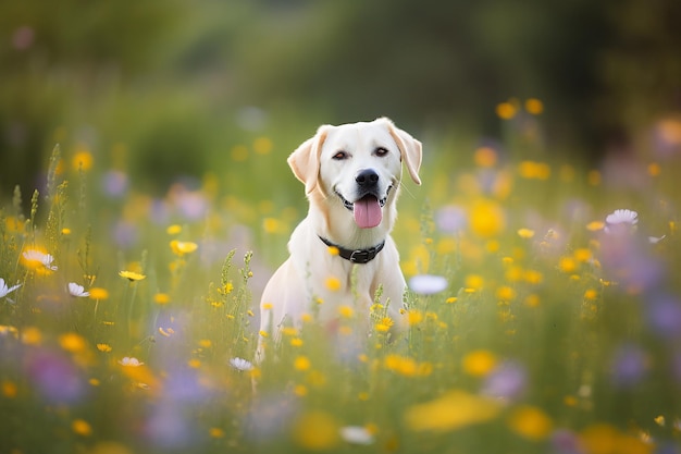 Perro labrador en el fondo bokeh del jardín