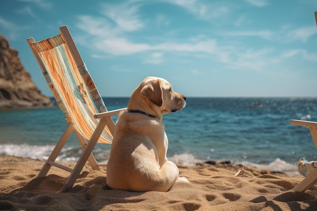 Perro labrador con gafas de sol en la playa IA generativa