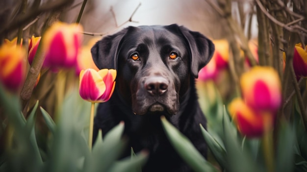 Un perro labrador negro se sienta en un campo de tulipanes.