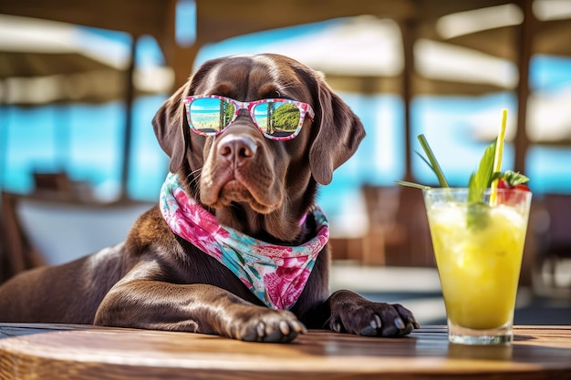 El perro labrador se relaja en la playa con un cóctel Un concepto de vacaciones de verano IA generativa