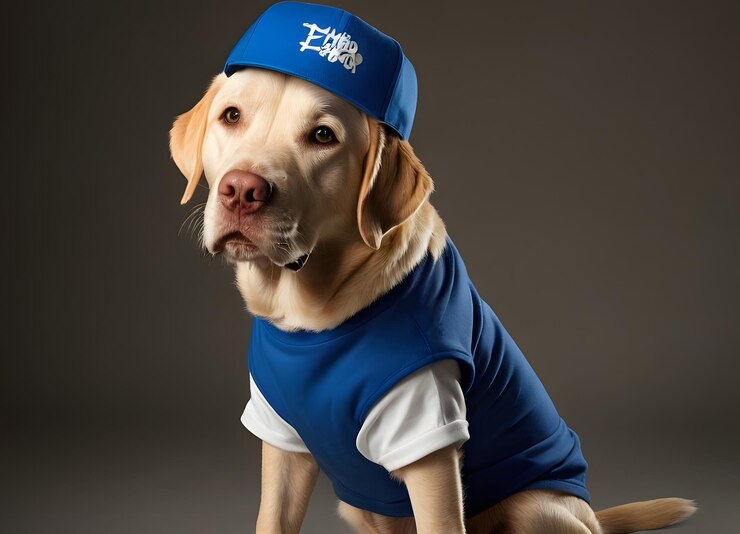 Perro Labrador Retriever con capucha y sombrero