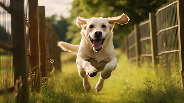 Perro Labrador Retriever corriendo fuera de la puerta de la casa imagen AI Arte generado