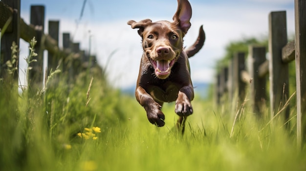 Perro Labrador Retriever corriendo fuera de la puerta de la casa imagen AI Arte generado