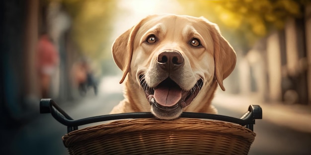 El perro Labrador Retriever se divierte en bicicleta el día del sol por la mañana en verano en la calle de la ciudad