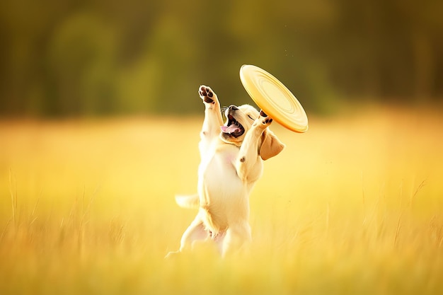 El perro Labrador Retriever jugando con el Frisbee en el aire.