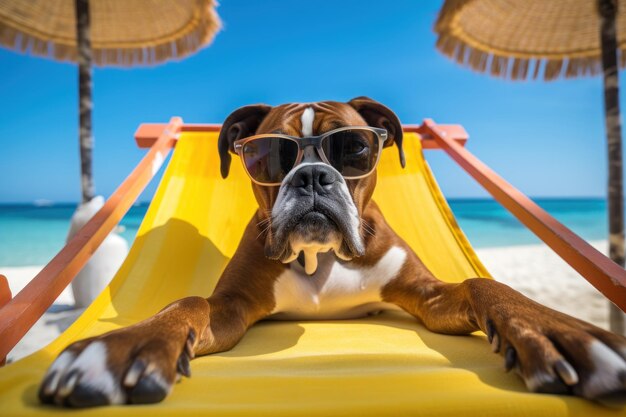 Perro LaidBack Boxer relajándose de vacaciones en la playa IA generativa