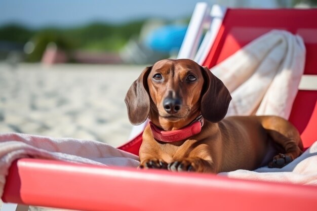 Foto perro laidback dachshund relajándose de vacaciones en la playa ia generativa