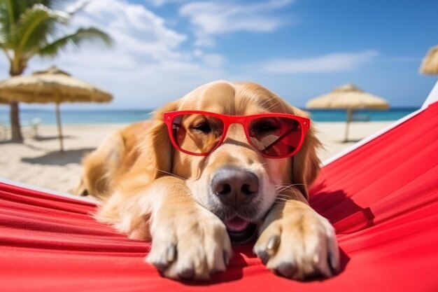 Foto perro laidback golden retriever relajarse de vacaciones en la playa ia generativa