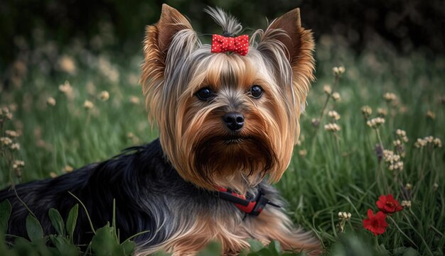 Foto un perro con un lazo rojo se sienta en un campo de hierba.