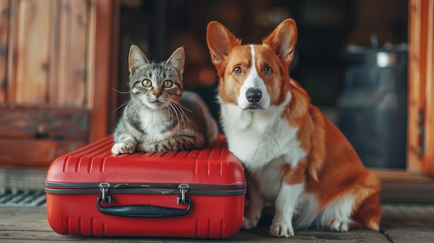 Un perro leal y un gato curioso se sientan al lado de una maleta roja