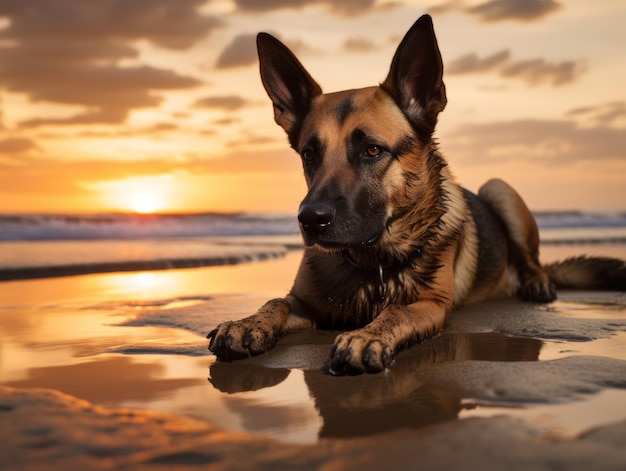 Perro leal mirando la puesta de sol en una playa de arena