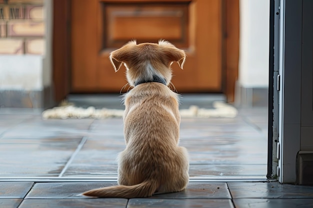 Un perro leal se sienta junto a la puerta principal esperando pacientemente a que su dueño vuelva a casa, ejemplificando el vínculo entre las mascotas y sus dueños