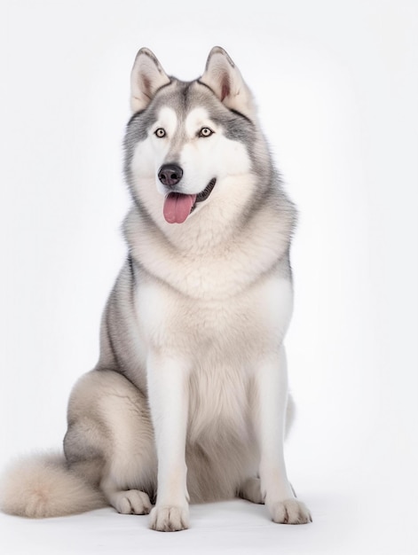 Un perro con una lengua rosa colgando y un fondo blanco.