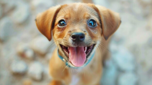 un perro con una lengua rosa que dice feliz