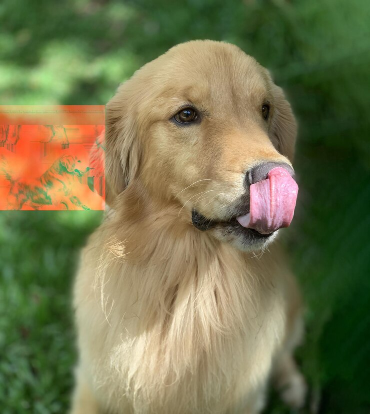 un perro con una lengua rosa que sobresale está sentado en el césped