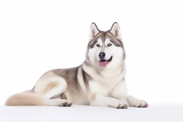 Un perro con una lengua rosa yace sobre un fondo blanco.