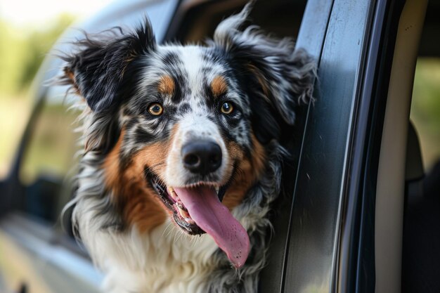 Foto un perro con una lengua rosada que sobresale de la ventana de un coche ia generativa