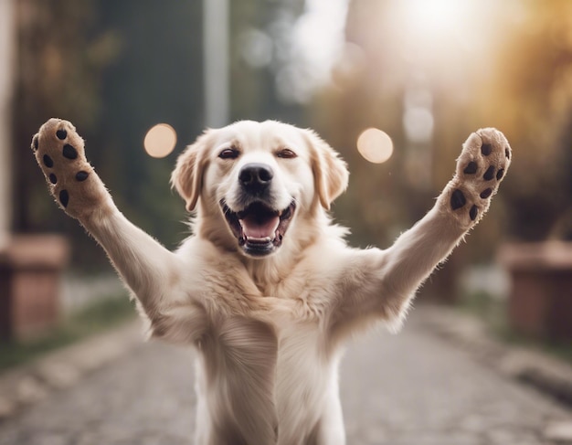 Foto un perro levantando ambas manos foto en bruto lindo hurra perro feliz