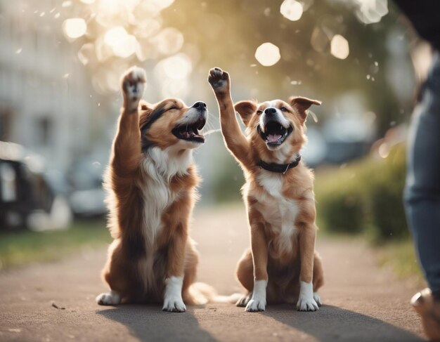 Foto un perro levantando ambas manos foto en bruto lindo hurra perro feliz