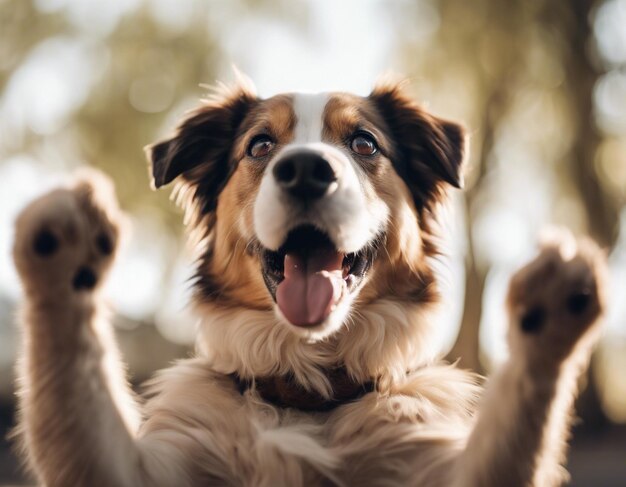 Un perro levantando ambas manos foto en bruto lindo hurra perro feliz