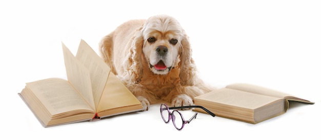 Perro y libros aislados en blanco