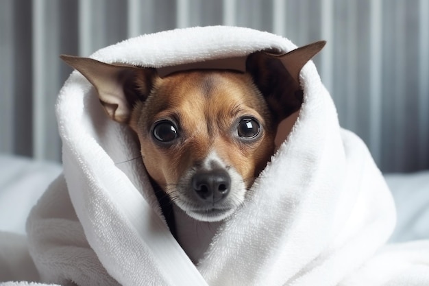 Perro limpio con una toalla blanca después del lavado.