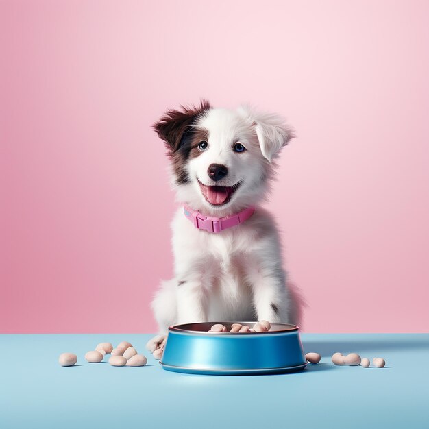 Foto perro lindo en 3d alimentándose de un cuenco de comida para perros de color rosa claro y azul suave inspirado en un anuncio