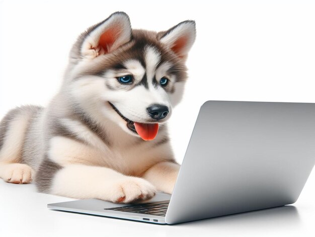 Foto perro lindo acuéstate y mira la computadora