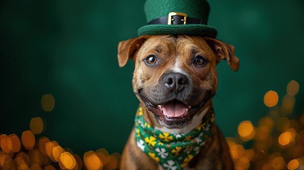 Perro lindo con una bufanda verde alrededor del cuello en un fondo verde celebración del Día de San Patricio