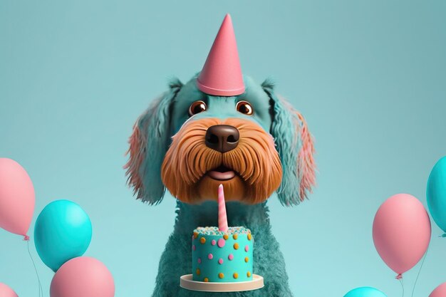 Foto perro lindo celebra el cumpleaños perrito se sienta cerca de los globos y un pastel con velas ai generativo