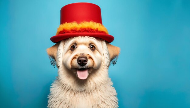 Foto perro lindo celebrando con sombrero pary rojo y explosión contra un fondo azul y espacio de copia