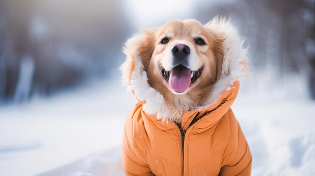 Un perro lindo con una chaqueta cálida y una capucha camina en un parque de invierno