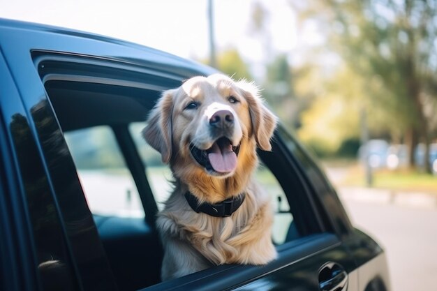 Perro lindo en coche negro vista desde afuera