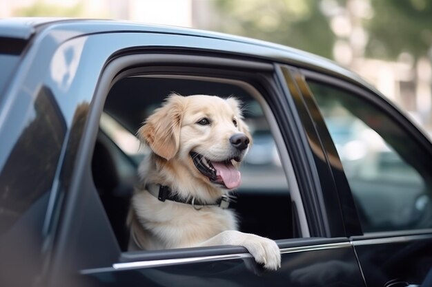 Perro lindo en coche negro vista desde afuera