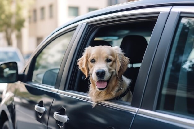 Perro lindo en coche negro vista desde afuera