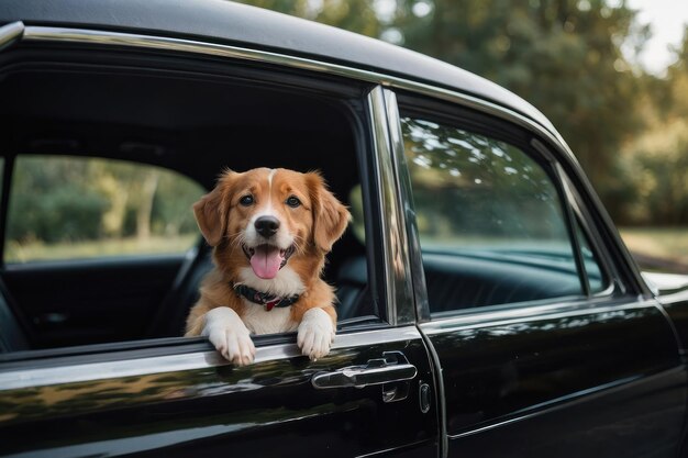 Perro lindo en coche negro vista desde afuera