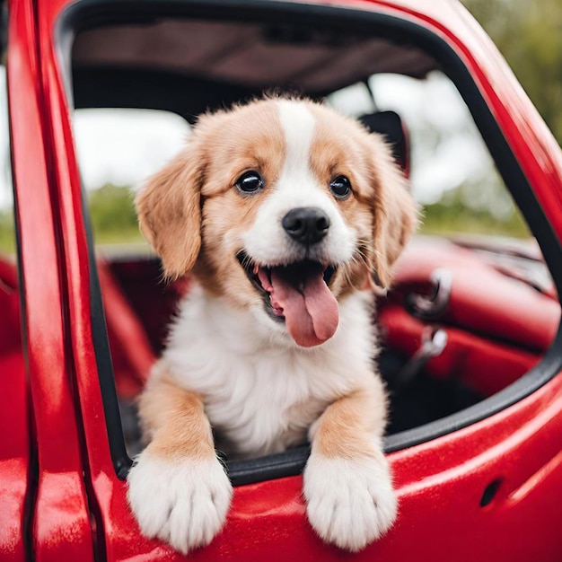 Foto un perro lindo y un coche rojo