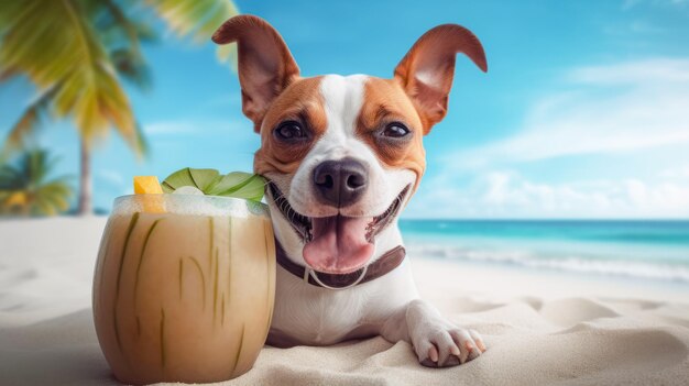 Foto perro lindo con cóctel relajándose en una playa de arena cerca del mar vacaciones de verano con espacio para mascotas para publicidad