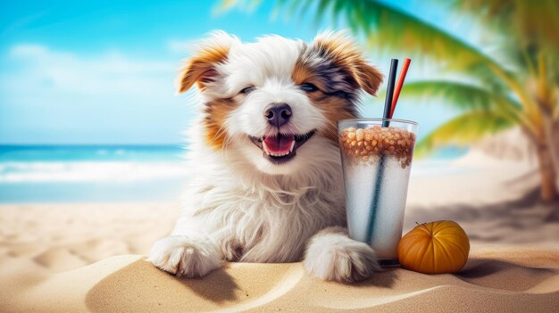 Perro lindo con cóctel relajándose en una playa de arena cerca del mar Vacaciones de verano con mascota IA generativa