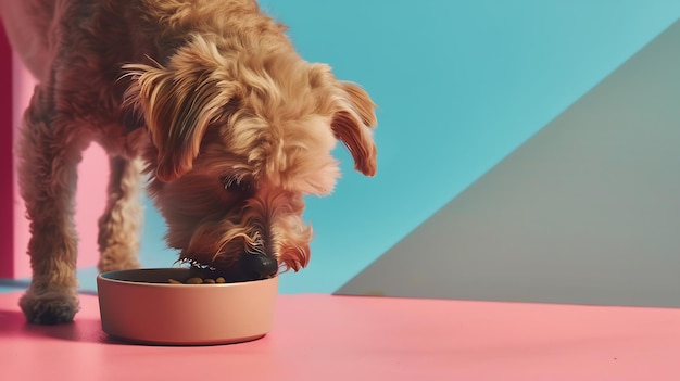 Foto perro lindo comiendo comida de un cuenco cerca de la pared de color ia generativa