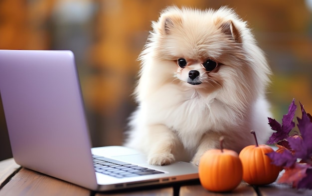 Perro lindo con computadora portátil plateada en la IA generativa de fotos de stock