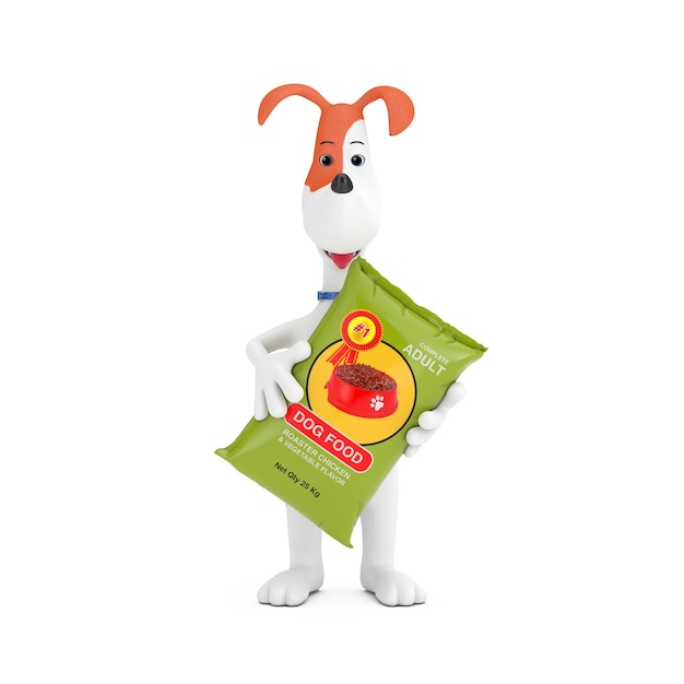 Perro lindo de dibujos animados con diseño de paquete de bolsa de comida para perros Representación 3d